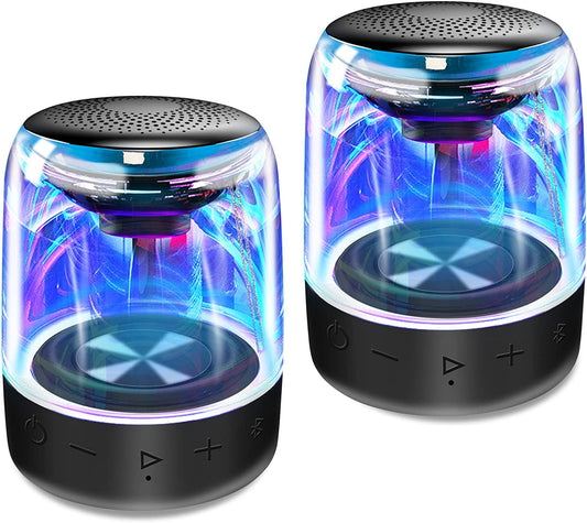 Portable Bluetooth Speakers: Dual TWS True Wireless Stereo Speaker Set. Enjoy 100 Ft Wireless Range, 10W 360° HD Sound & Rich Bass. Hands-Free Calls, TF Card Player, AUX Input, and Cool LED Lights.