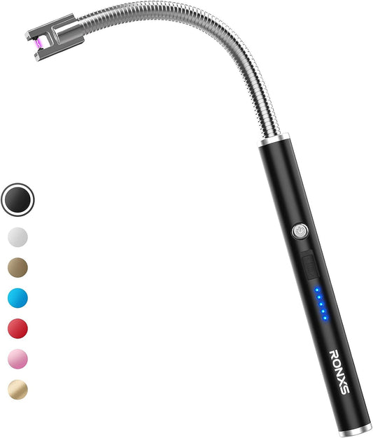 Upgraded USB Lighter: Plasma Arc Candle, Camping, and Grill Lighter with LED Battery Display, Safety Switch, and Longer Flexible Neck - Matt Black