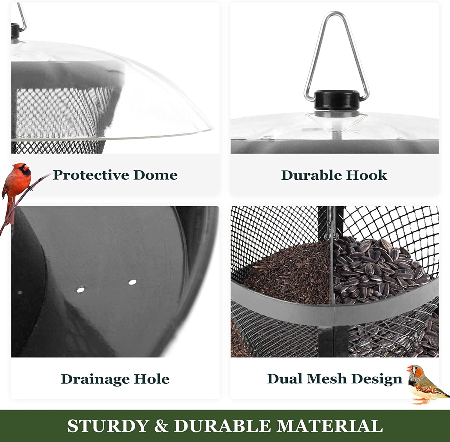 Weatherproof Dual Wild Bird Feeder - Metal Mesh Bird Feeder for Outside with Dome, Offers 2.5 lbs. Seed Capacity for Attracting Finch, Cardinal, and Other Birds.