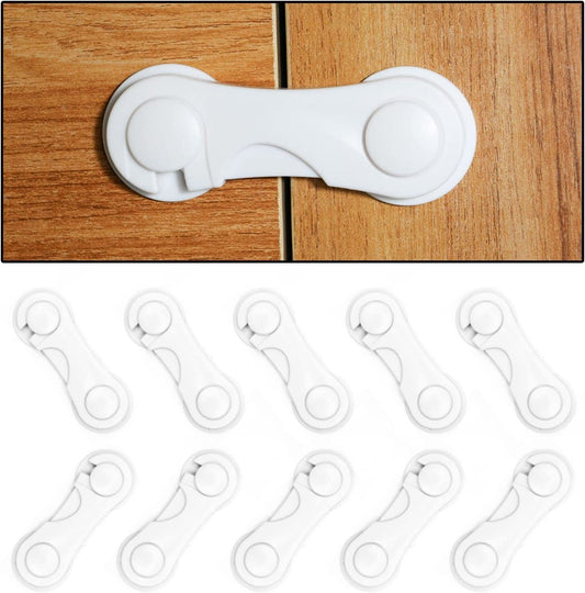 Child Safety Cabinet Locks - Set of 10: Baby Proofing Locks Designed for Cabinets and Drawers. Easy Installation with 3M Adhesive (No Drilling Required). Suitable for Drawers, Cabinet Seats, Toilet Seats, Fridges, Ovens, and Appliances. Color: White.