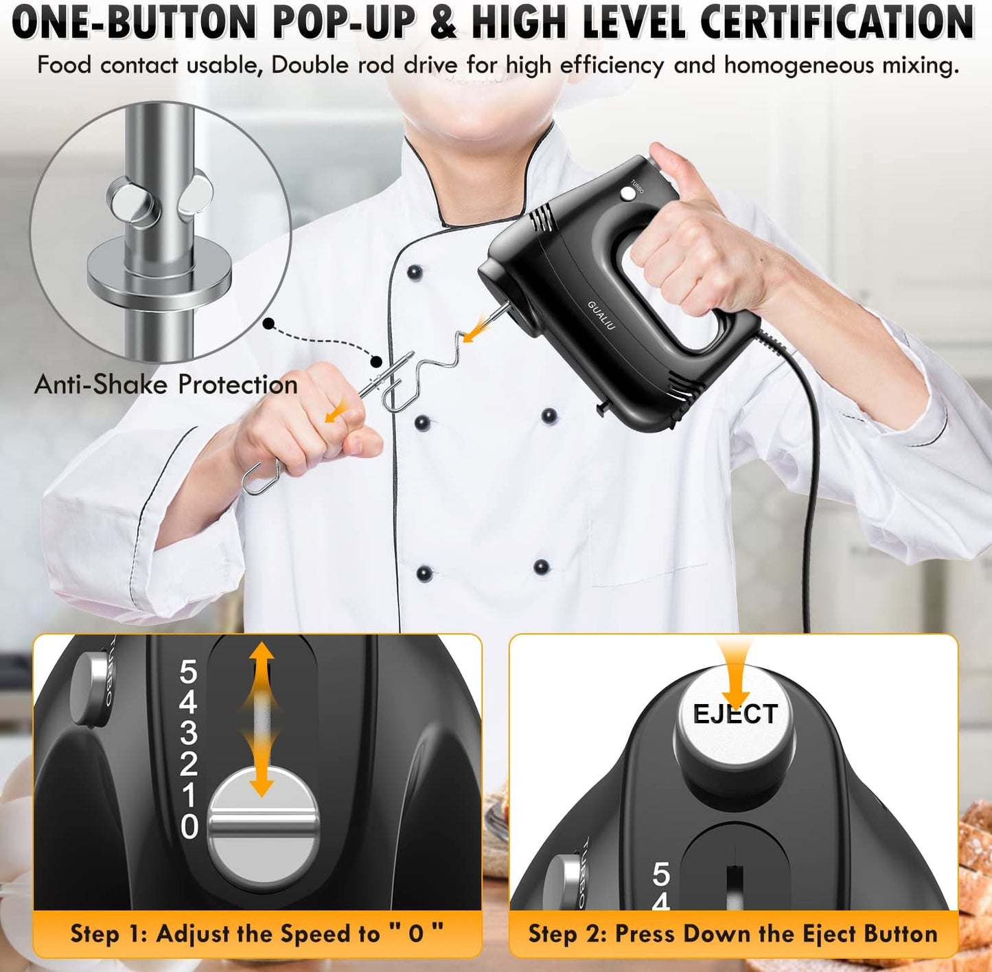 Compact Electric Hand Mixer with Stainless Steel Egg Beater, Dough Hook Attachment, and Storage Bag - Lightweight Hand Mixer for Baking Cakes, Eggs, Cream, and More. Features Turbocharged Power, 5-Speed Settings, Eject Button