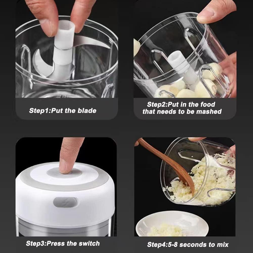 Mini Electric Food Processor: Perfect Kitchen Tool for Chopping Vegetables, Pepper, Onion, Garlic, Ginger, Spices, Meat, and Making Baby Food. It has a 250ML capacity, is USB rechargeable, and measures 3.42 x 3.8 inches.