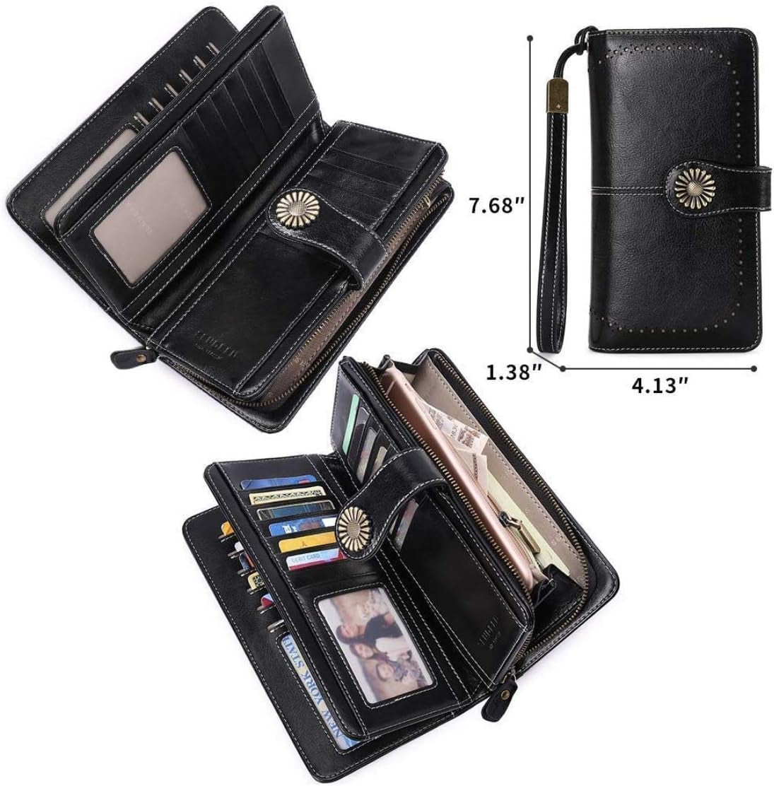 Genuine Leather Women's RFID Blocking Wallet Black - Clutch Style with Card Holder Organizer and Purse Functionality, Available in Black; Measures 7.6 x 1.37 x 4.1 inches, Offers Zipper Closure, Snap Closure, and Trifold Closure for Enhanced Security.