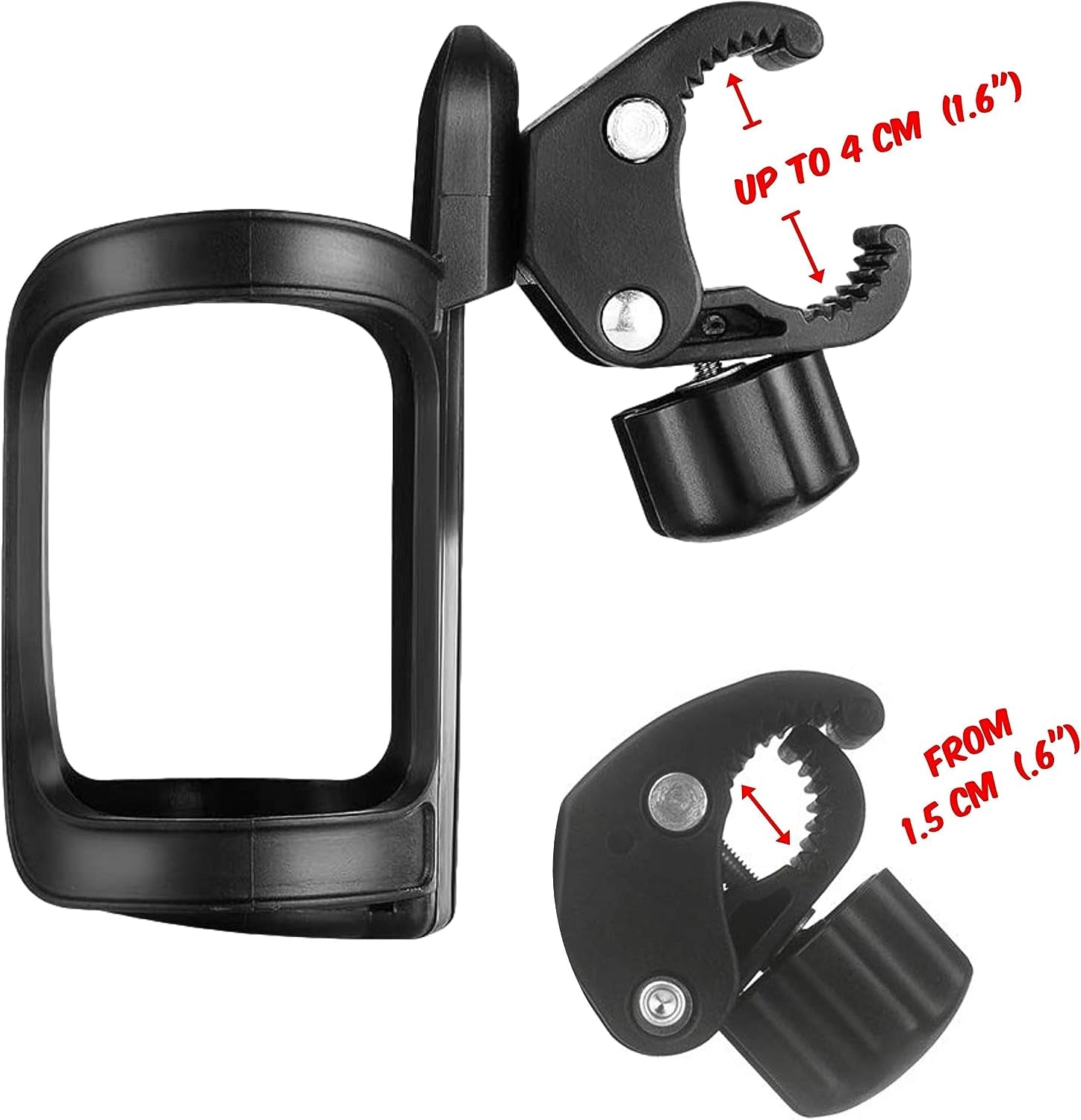 Universal Drink Holder (Two Pack): Designed for Strollers, Wheelchairs, Bikes, Walkers, Trolleys, Golf Carts, and more. Easy to Install and Perfect for Carrying Water Bottles, Coffee Mugs, and other beverages.