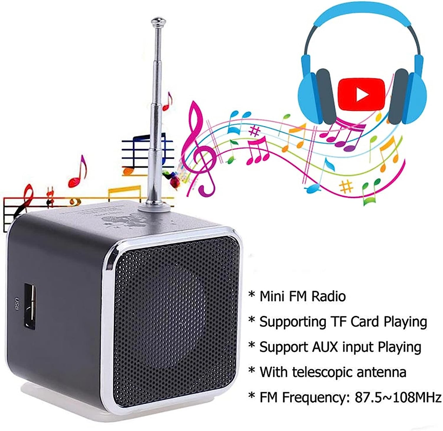 Mini Bluetooth Speaker: Wireless Music Player with FM Radio and Digital Stereo. Supports TF Card, U Disk, and Micro SD for Playback. Portable and Versatile, Black