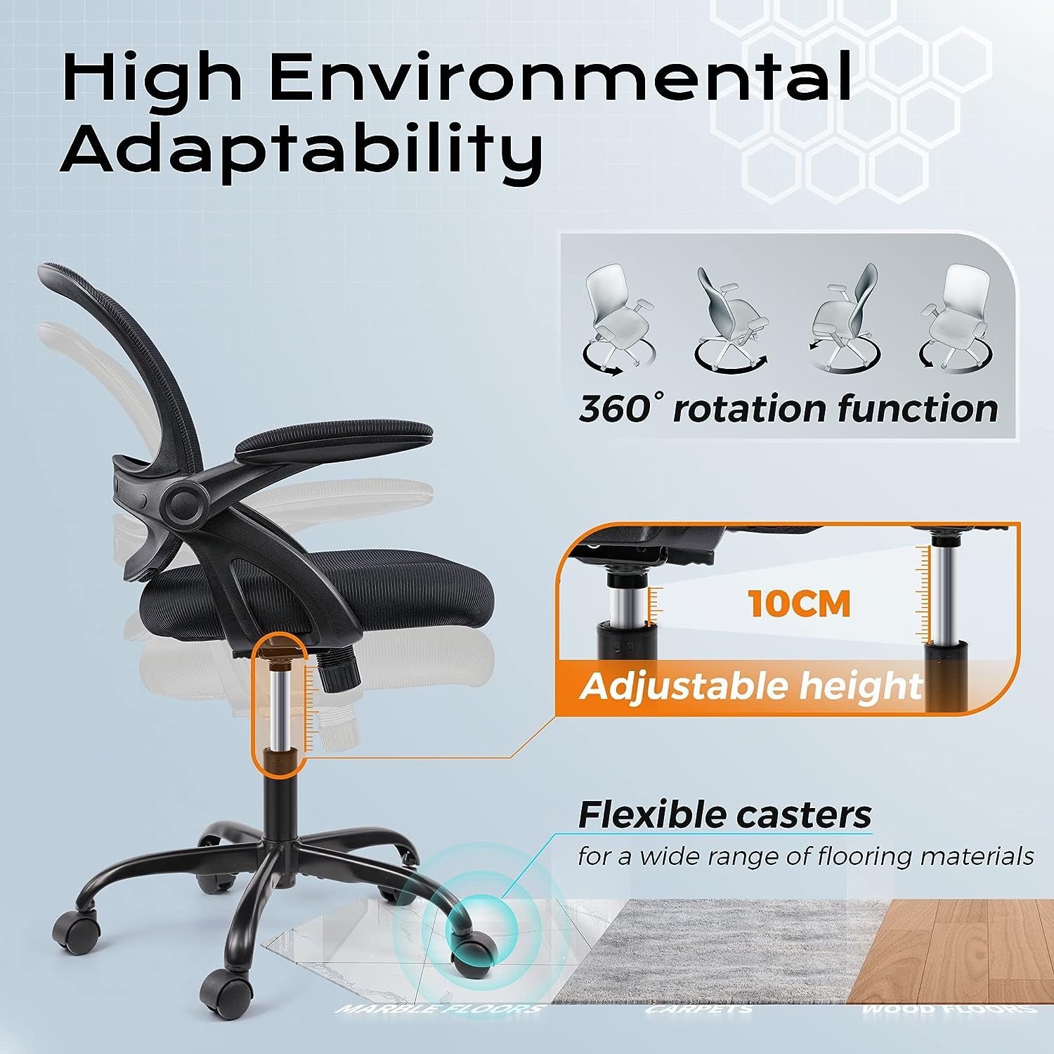 Ergonomic Mesh Office Chair with Lumbar Support, Wheels, Flip-up Arms, Swivel, Adjustable Height - Black