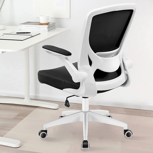 Ergonomic Office Chair - Breathable Mesh Design with Lumbar Support - Features Wheels and Flip-Up Arms - Swivel Task Chair - Adjustable Height - Suitable for Home or Gaming Use - Color: White