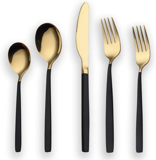  Black and  Golden 20-Piece Titanium-Plated Stainless Steel Flatware Set - Features Black Handles with Golden Accents, Providing a Unique and Elegant Black and Golden Cutlery Set for Service for 4.