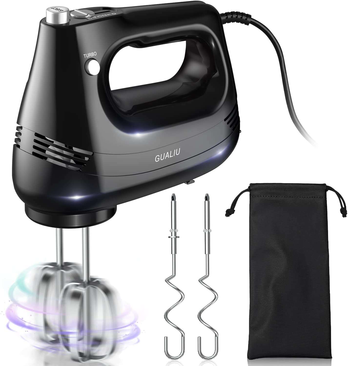 Compact Electric Hand Mixer with Stainless Steel Egg Beater, Dough Hook Attachment, and Storage Bag - Lightweight Hand Mixer for Baking Cakes, Eggs, Cream, and More. Features Turbocharged Power, 5-Speed Settings, Eject Button