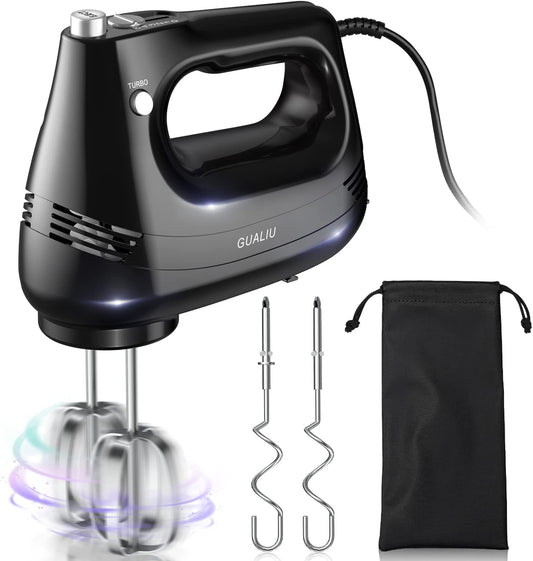 Compact Electric Hand Mixer with Stainless Steel Egg Beater, Dough Hook Attachment, and Storage Bag - Lightweight Hand Mixer for Baking Cakes, Eggs, Cream, and More. Features Turbocharged Power, 5-Speed Settings, Eject Button