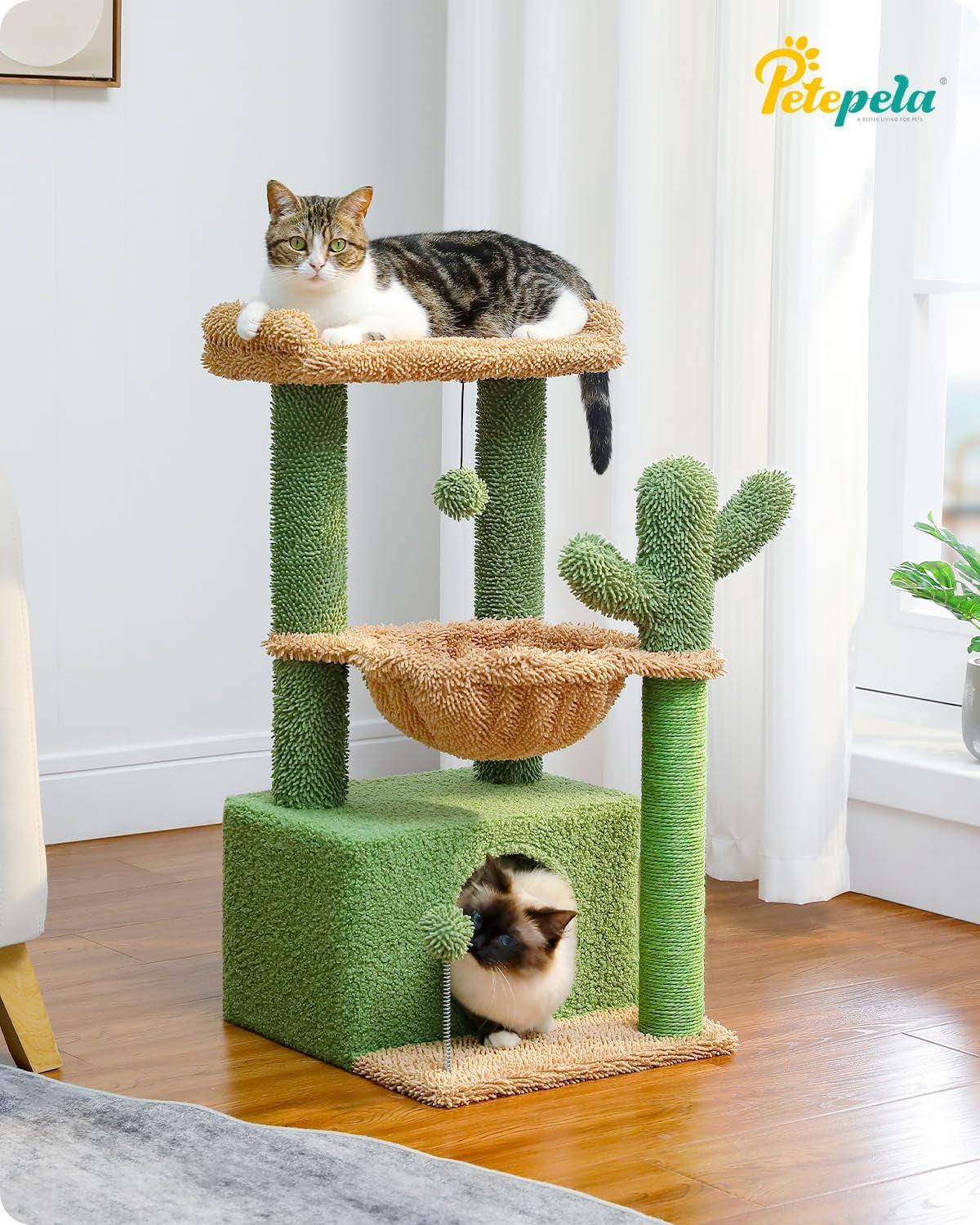 4-in-1 Cactus Cat Tree: A Spacious and Comfortable Cat Tower for Indoor Cats with a Large Condo, Scratching Post, Hammock, and Cozy Top Perch in Green Color - 33''=84CM