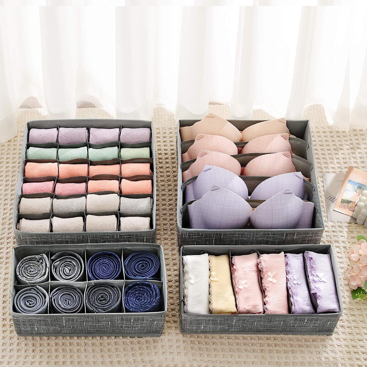 Set of 4 Collapsible Drawer Organizers: Ideal for organizing Bras, Underwear, and Socks. 