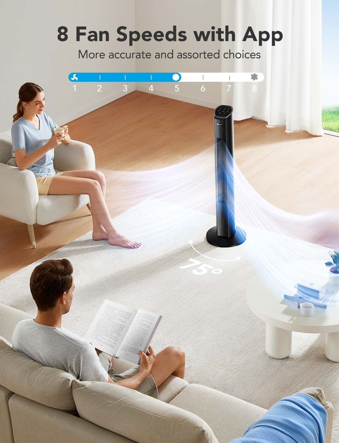 Smart Tower Fan  36'' Bedroom Fan with Temperature Auto-Reflect, Oscillating Function, 8 Speeds, 4 Modes, 24H Timer via APP, Alexa Compatibility, Ideal for Home Office