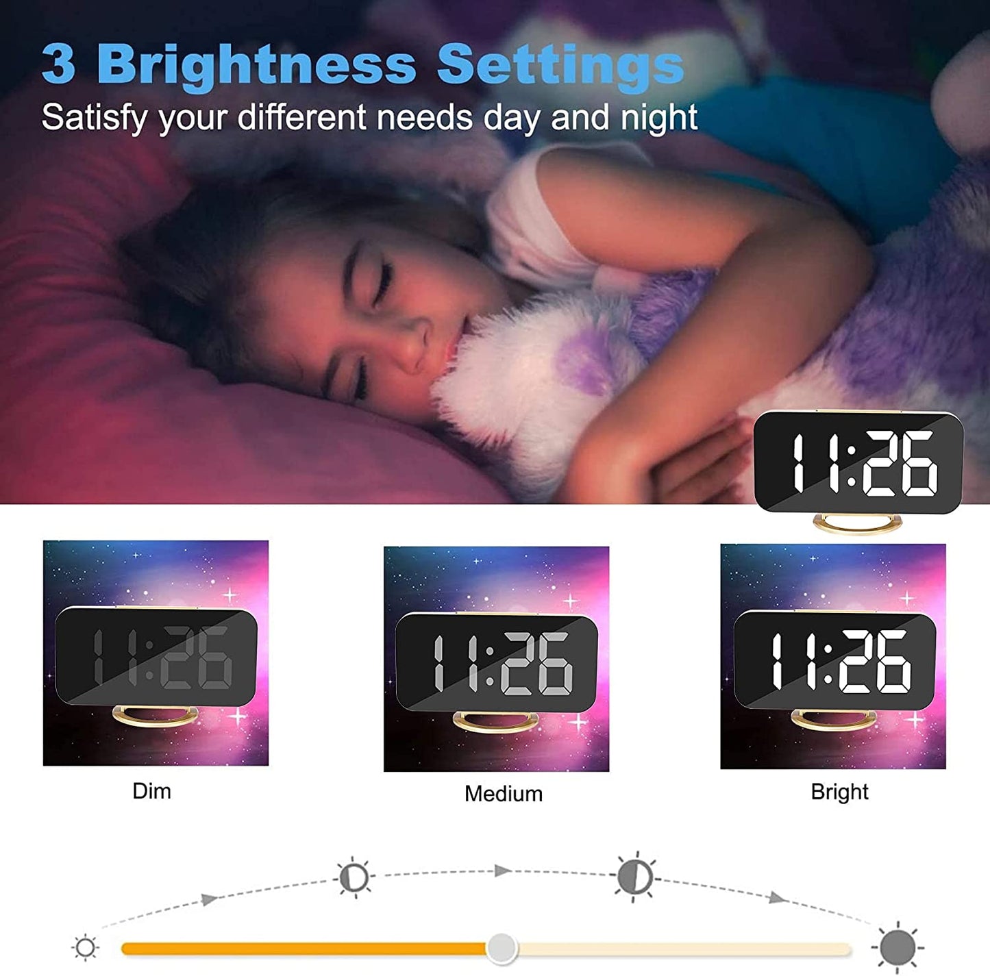 LED Digital Alarm Clock with Large Mirror Display, Dual USB Charger Ports, 3 Levels Brightness, 12/24H Format, Modern Electronic Clock for Bedroom, Home, Living Room, Office - Gold