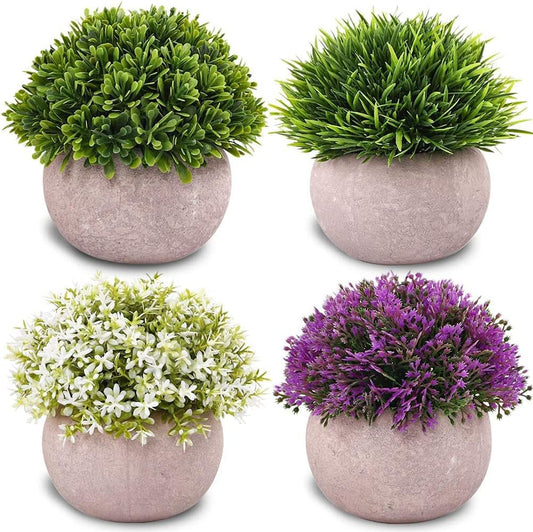 Set of 4 Artificial Shrubs Plants in Pots - Mini Potted Ball-Shaped Indoor Fake Plants for Home, Office, and Farmhouse Decor