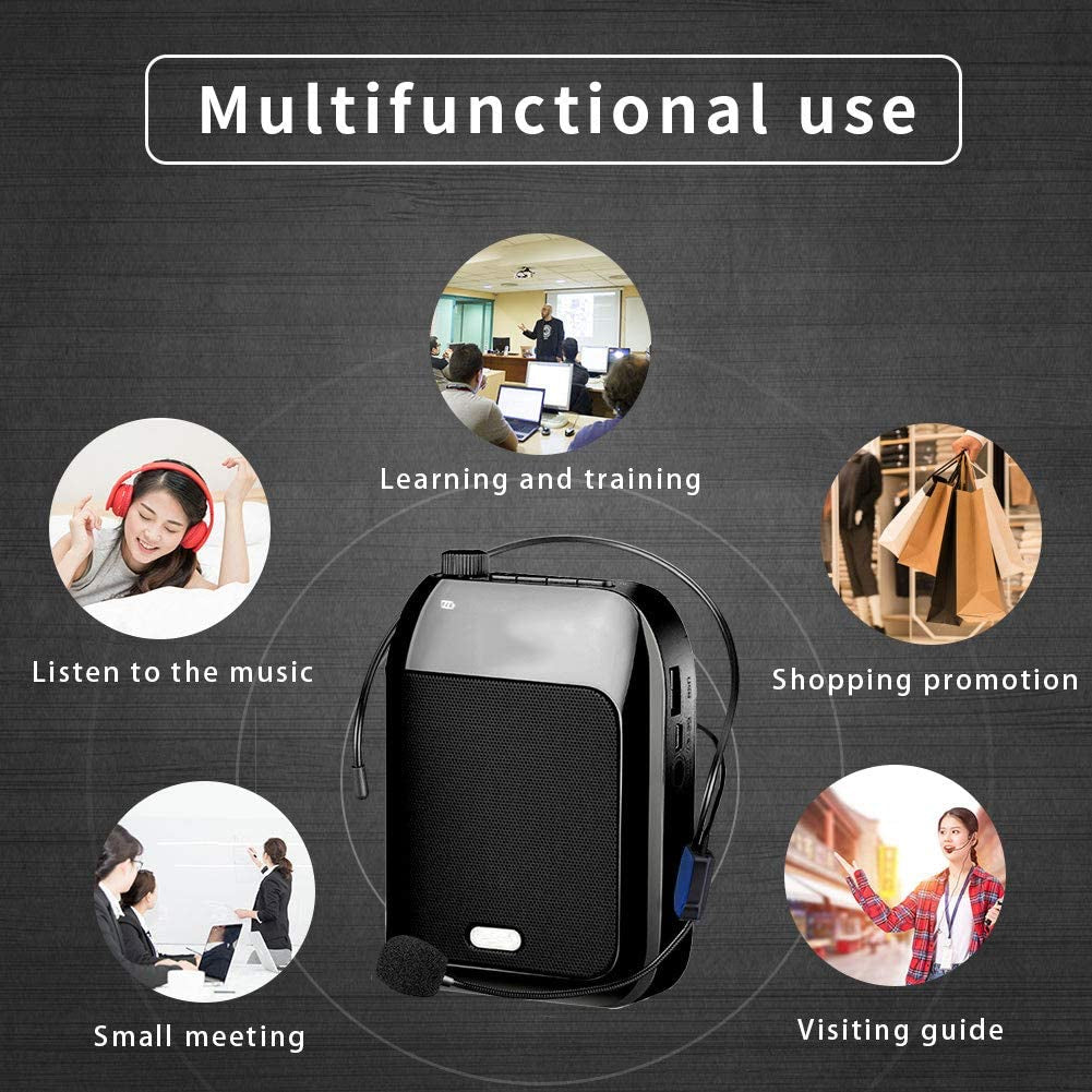 15W Portable Voice Amplifier with Wired Microphone Headset - Professional Black Loudspeaker for Teachers, Tour Guides, and Presenters - Powerful Mini Speaker for Training and Coaching