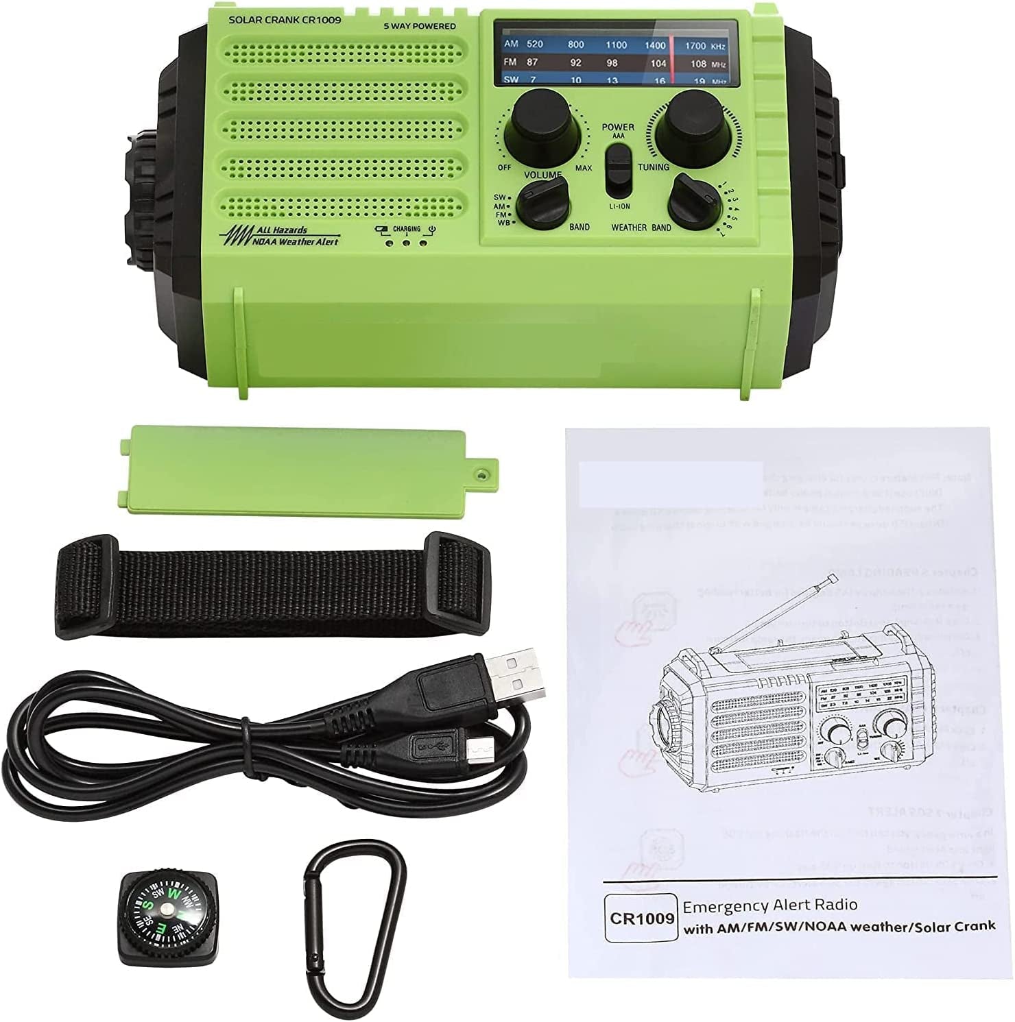 Multi-Powered Emergency Weather Radio with Solar Charging, Hand Crank, and USB Charger - AM/FM/SW/NOAA Radio with SOS Alarm, LED Camping Flashlight/Reading Lamp, Headphone Jack, and Compass