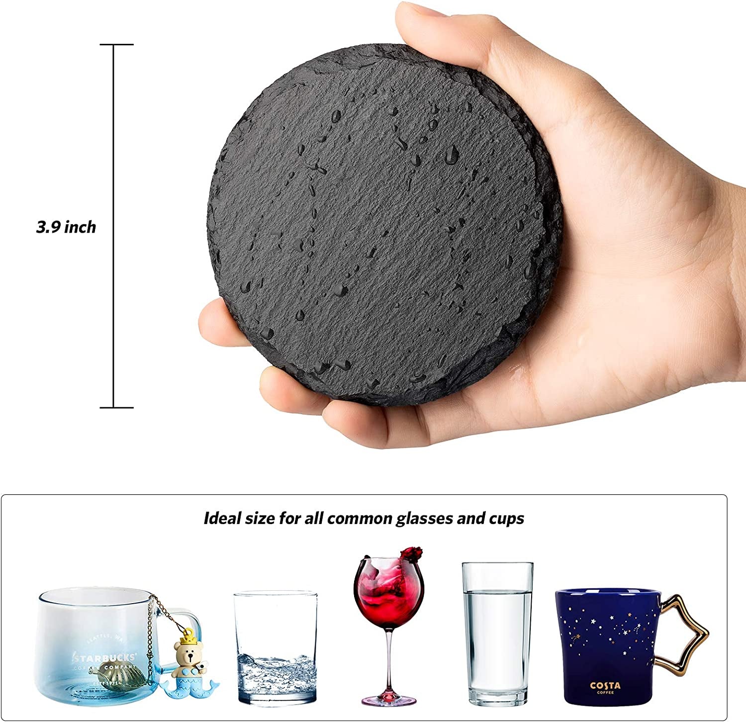 Set of 8 Eco-Friendly Round Slate Drink Coasters with Holder - Perfect for Drinks at Bars and Home. These Slate Stone Coasters are 4 inches in diameter and come in Black.
