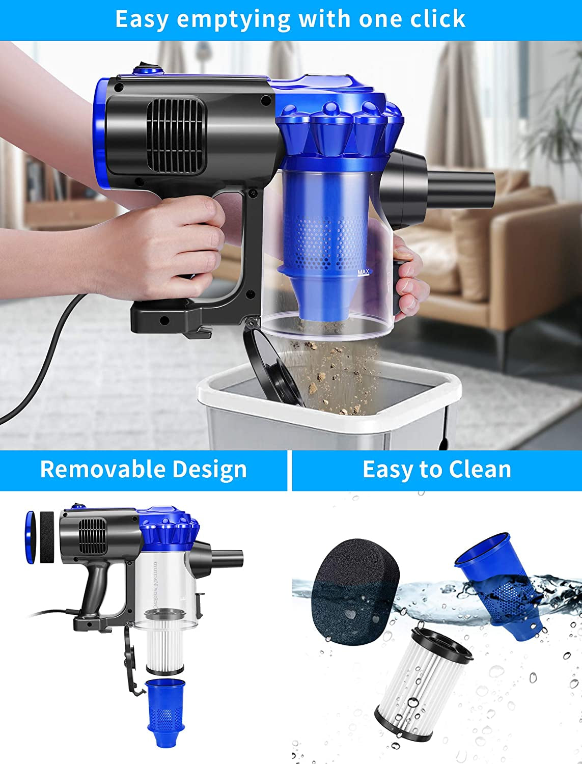 E600 Vacuum Cleaner - Corded, 17KPa Powerful Suction, Bagless, Lightweight Stick & Handheld Vacuum for Hard Floor and Tile, Blue.