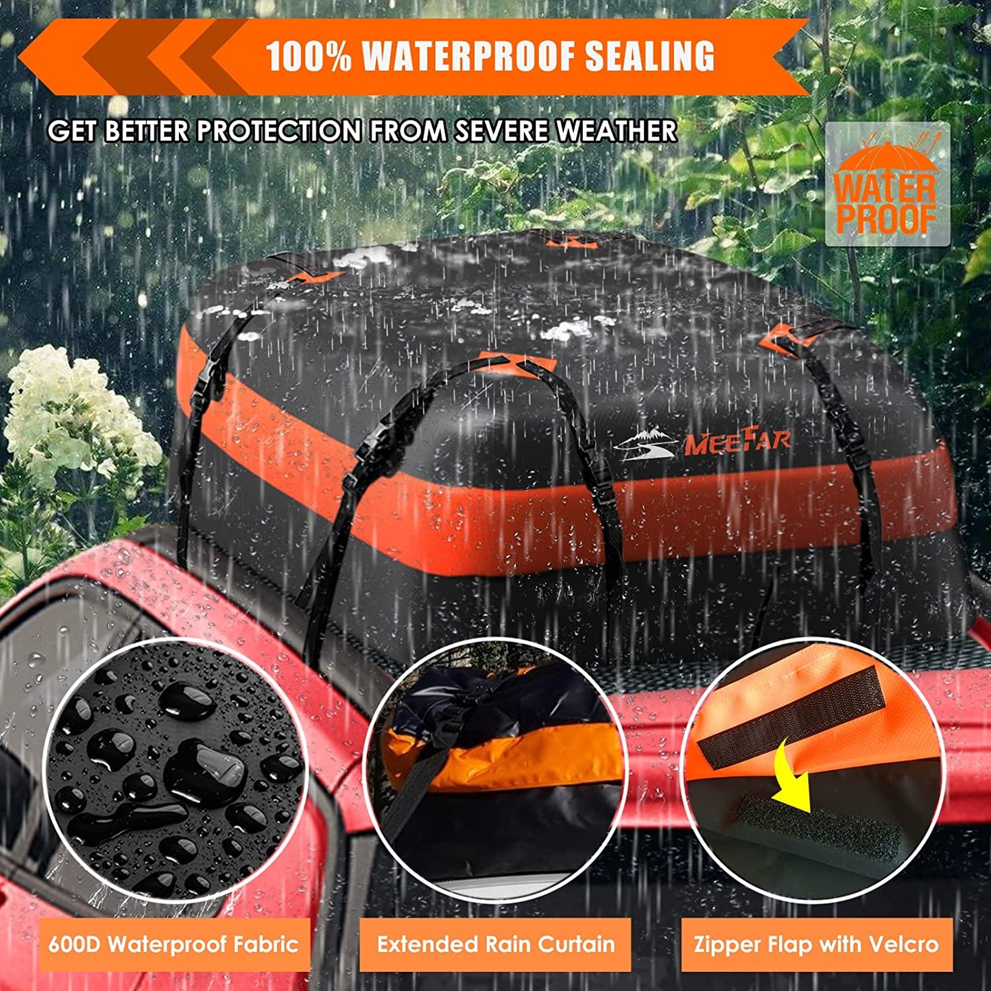 15 Cubic Feet Car Roof Bag - Waterproof Rooftop Cargo Carrier Bag - Fits All Cars with or without Racks - Includes Anti-Slip Mat, 8 Reinforced Straps, 6 Door Hooks, and Luggage Lock for Secure Transportation.