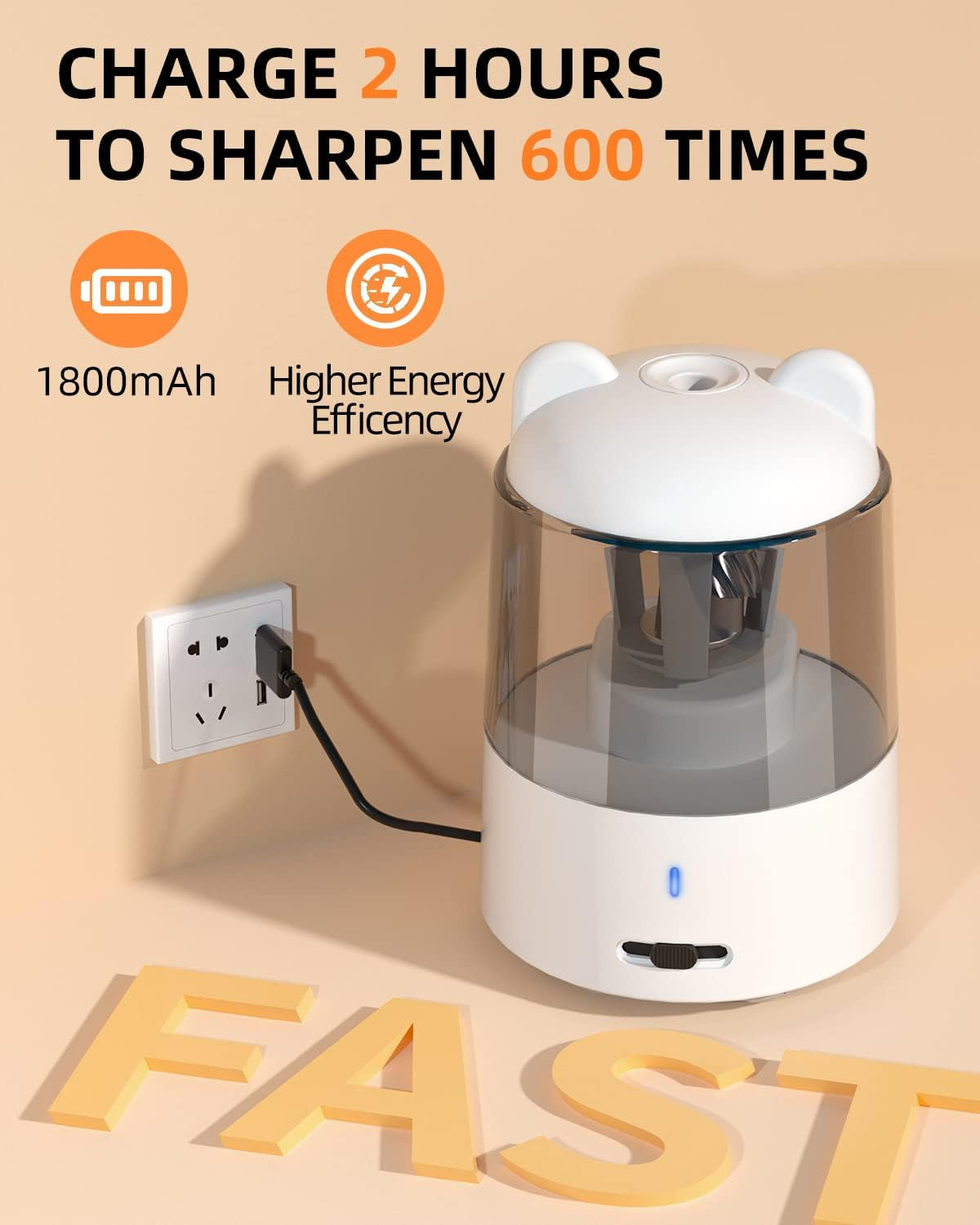 Small Battery-Powered Electric Pencil Sharpener - Quickly Sharpens No.2/Colored Pencils (6-8mm) - Ideal for School, Classroom, Office, and Home Use in White