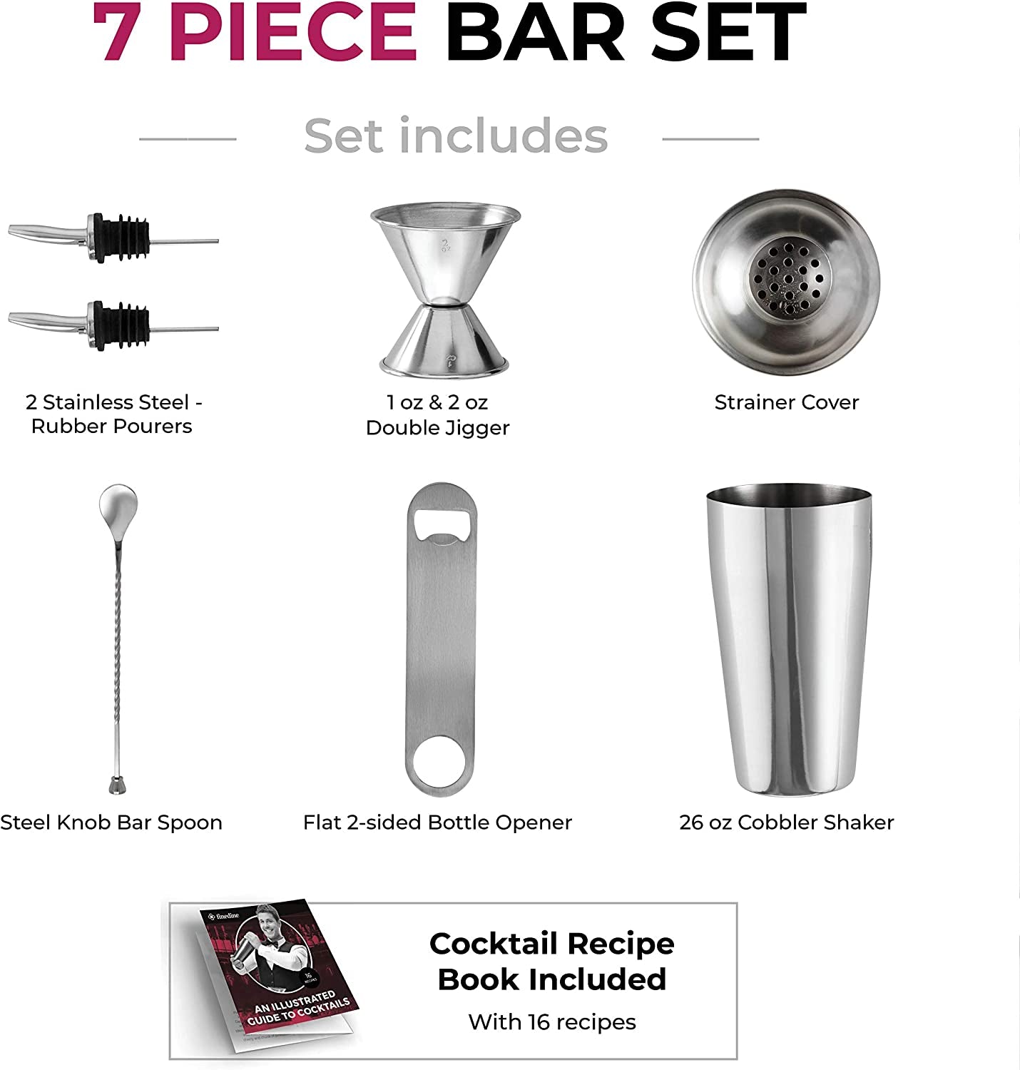 Complete 7-Piece Stainless Steel Cocktail Shaker Set: Bartender Kit with All Bar Accessories, Including Cocktail Strainer, Double Jigger, Bar Spoon, Bottle Opener, and Pour Spouts