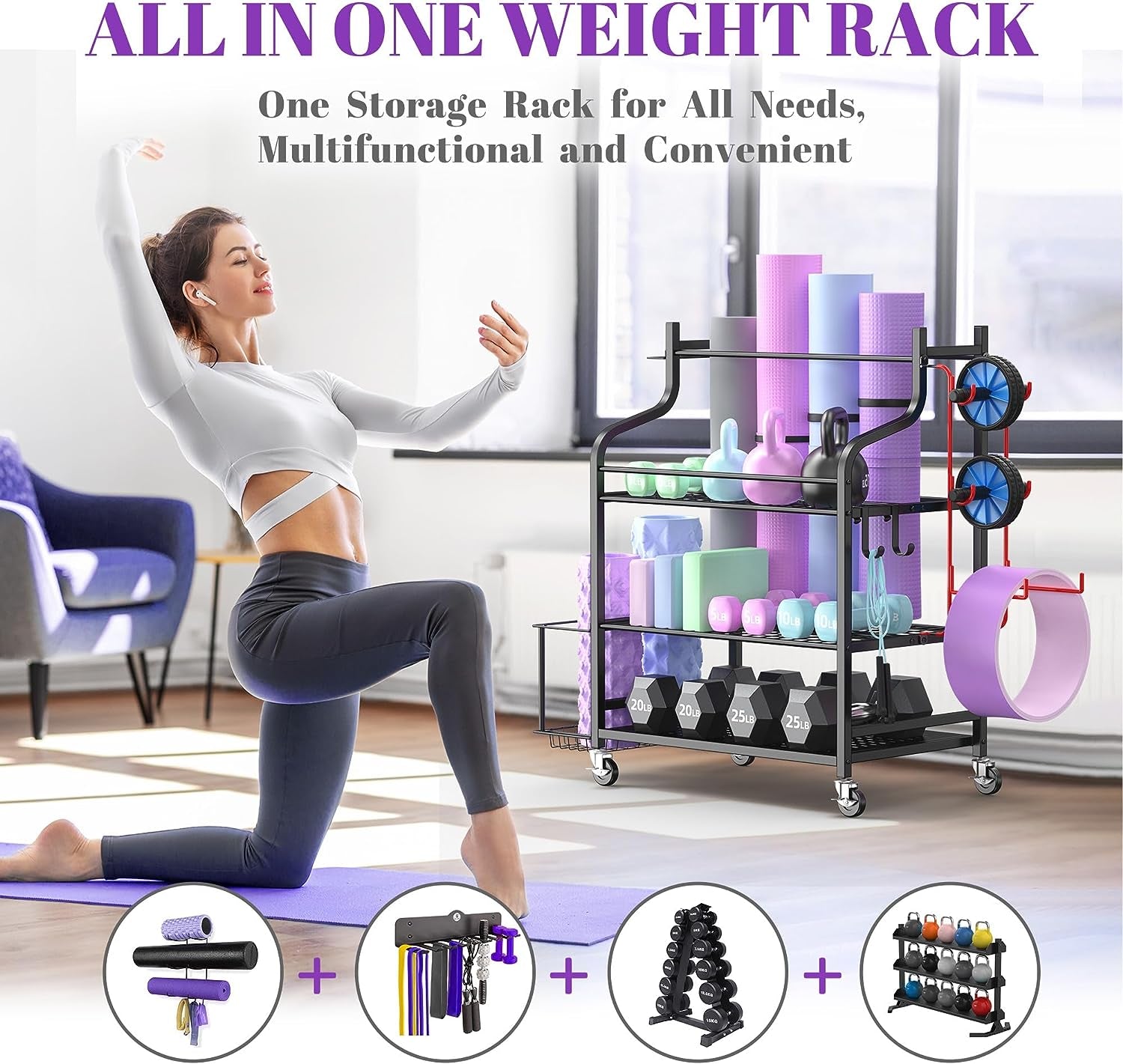 Yoga Mat Storage Rack with Wheels and Hooks - Keep your home gym organized. Store dumbbells, foam rollers, yoga straps, resistance bands, and yoga mats neatly in one place.