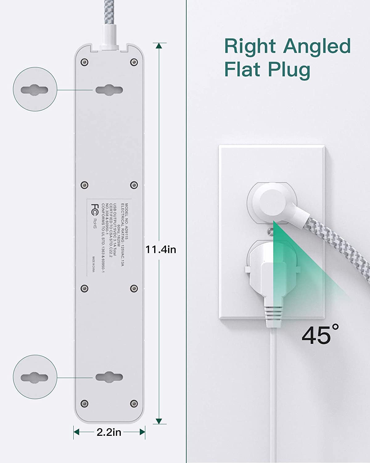 12-Outlet Surge Protector Power Strip with 3 USB Ports and a 5 Ft Long Extension Cord - Flat Plug Design, Surge Protection Outlet Strip for Home, Office, and More, with Wall Mount Option