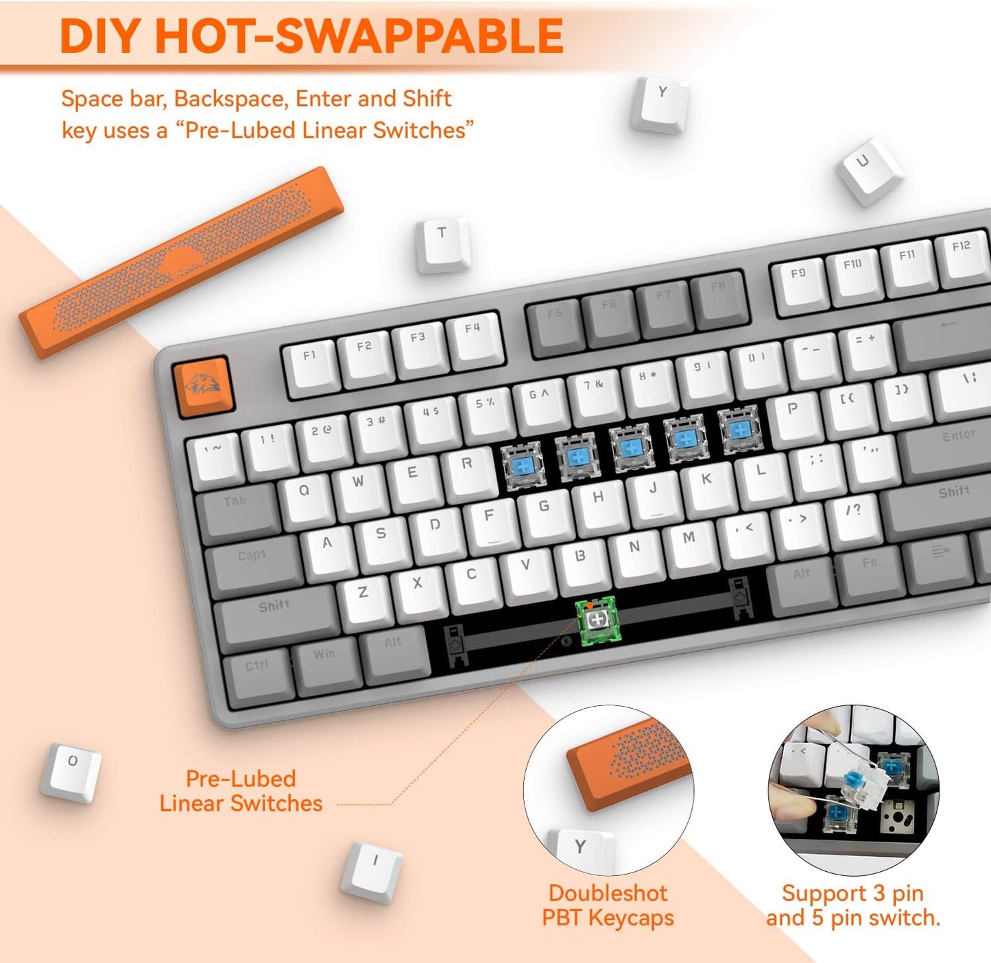 AK873 75% Wired Gaming Keyboard - Hot-Swap Blue Switch, PBT Keycaps, Rainbow LED Backlighting. TKL Ergonomic Mechanical Keyboard with Custom Coiled USB-C Cable for PC, Mac, PS4, Xbox Gamers Grey White