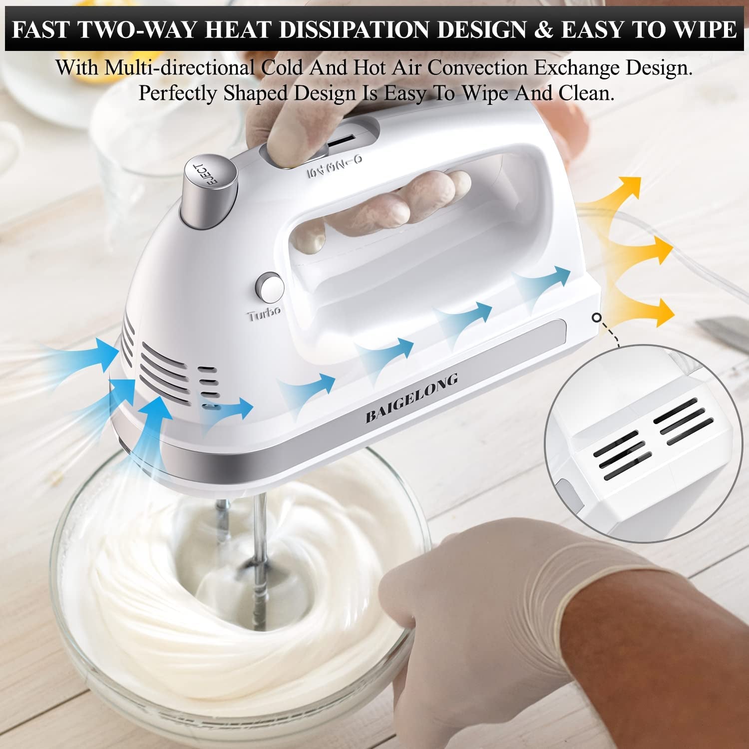 300W Ultra Power Electric Hand Mixer with 5 Self-Control Speeds + Turbo Boost - Includes 5 Stainless Steel Attachments for Baking - White Color