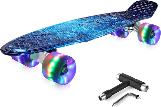 Complete Mini Cruiser Skateboard for Kids, Teens, Adults, and Beginners - Features PU LED Flashing Wheels, Comes with an All-in-One Skate T-Tool for Easy Maintenance.