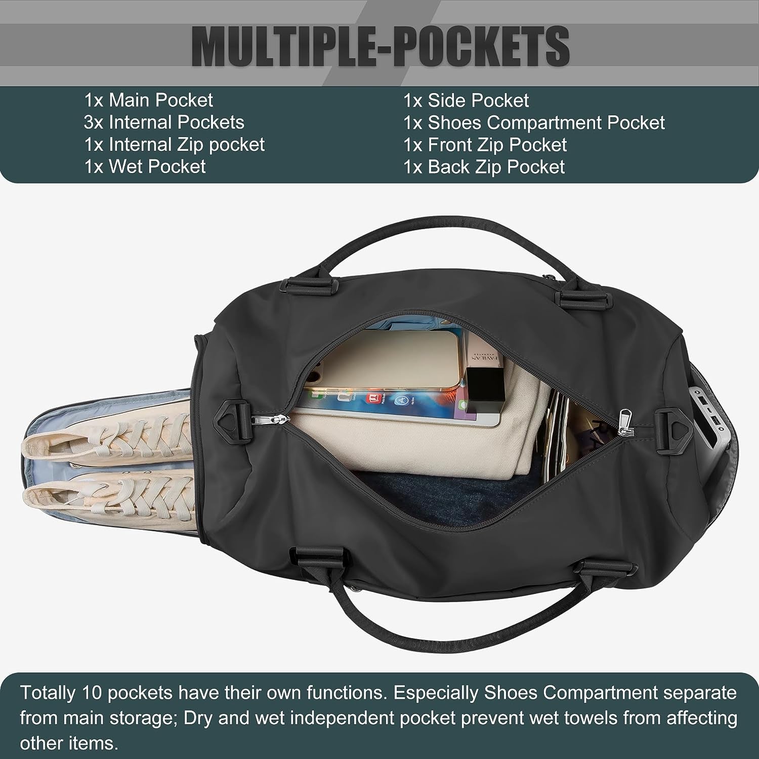 Waterproof Sports Gym Bag - Travel Duffel Tote with Shoes Compartment - Suitable for Women and Men - Multipurpose Overnight Weekender Bag for Yoga, Fitness, and More - Classic Black Design.