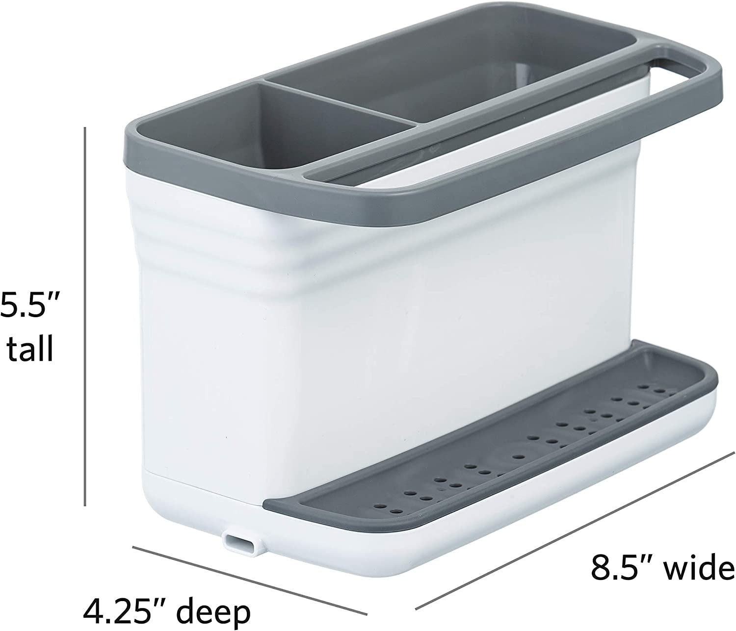 Kitchen Sink Organizer Caddy with 2 Compartments - Designed for Sponge, Soap, Scrubber Brush, and Dish Cloth; Drain Holes and Pour Spout Keep Countertop Dry.