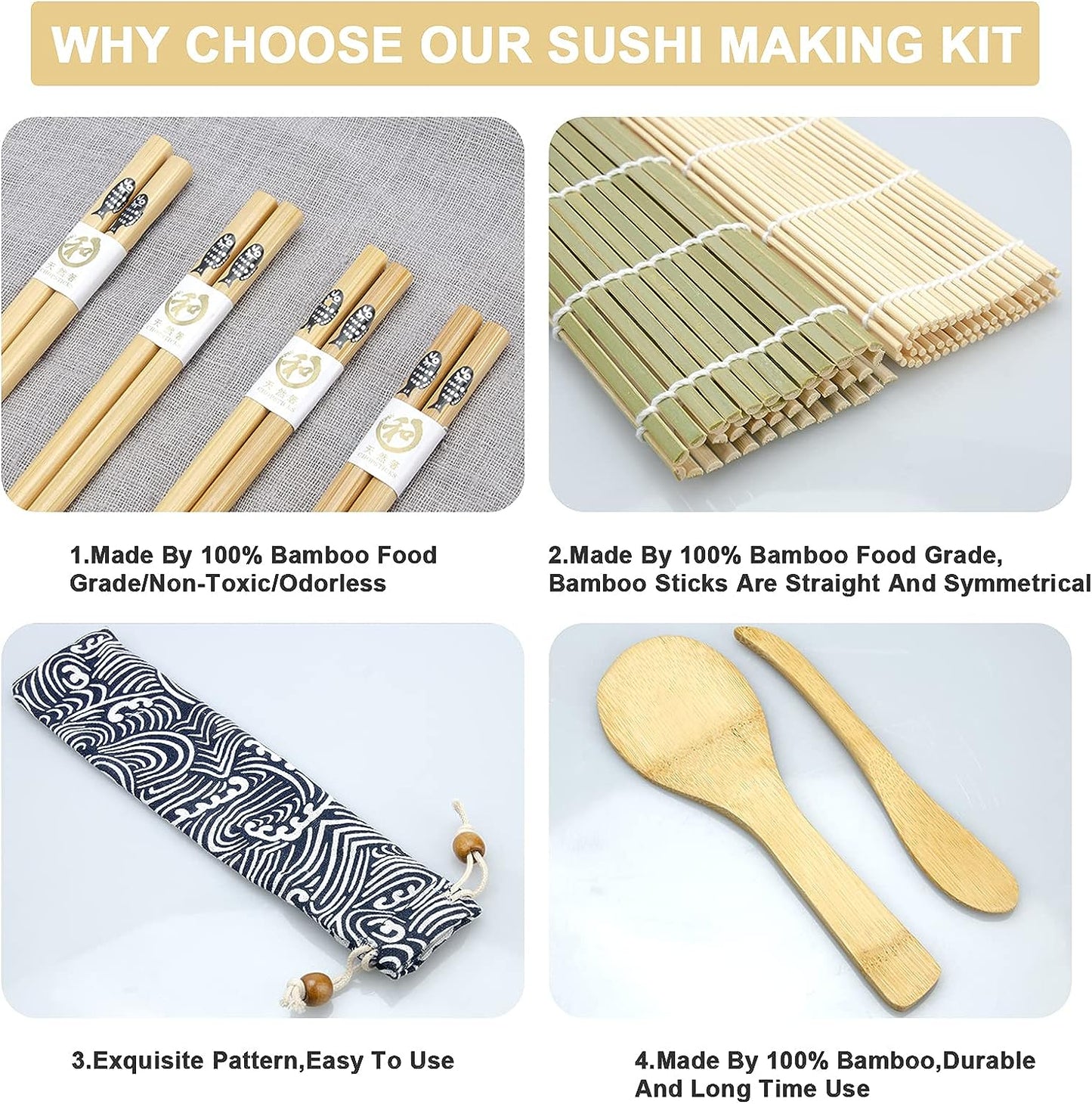 Complete Sushi Making Kit: Includes Bamboo Mat, Sushi Rolling Mat, Paddle, Spreader, Sushi Knife, Chopsticks Holder, Cotton Bag, and Avocado Slicer - Ideal for Beginners