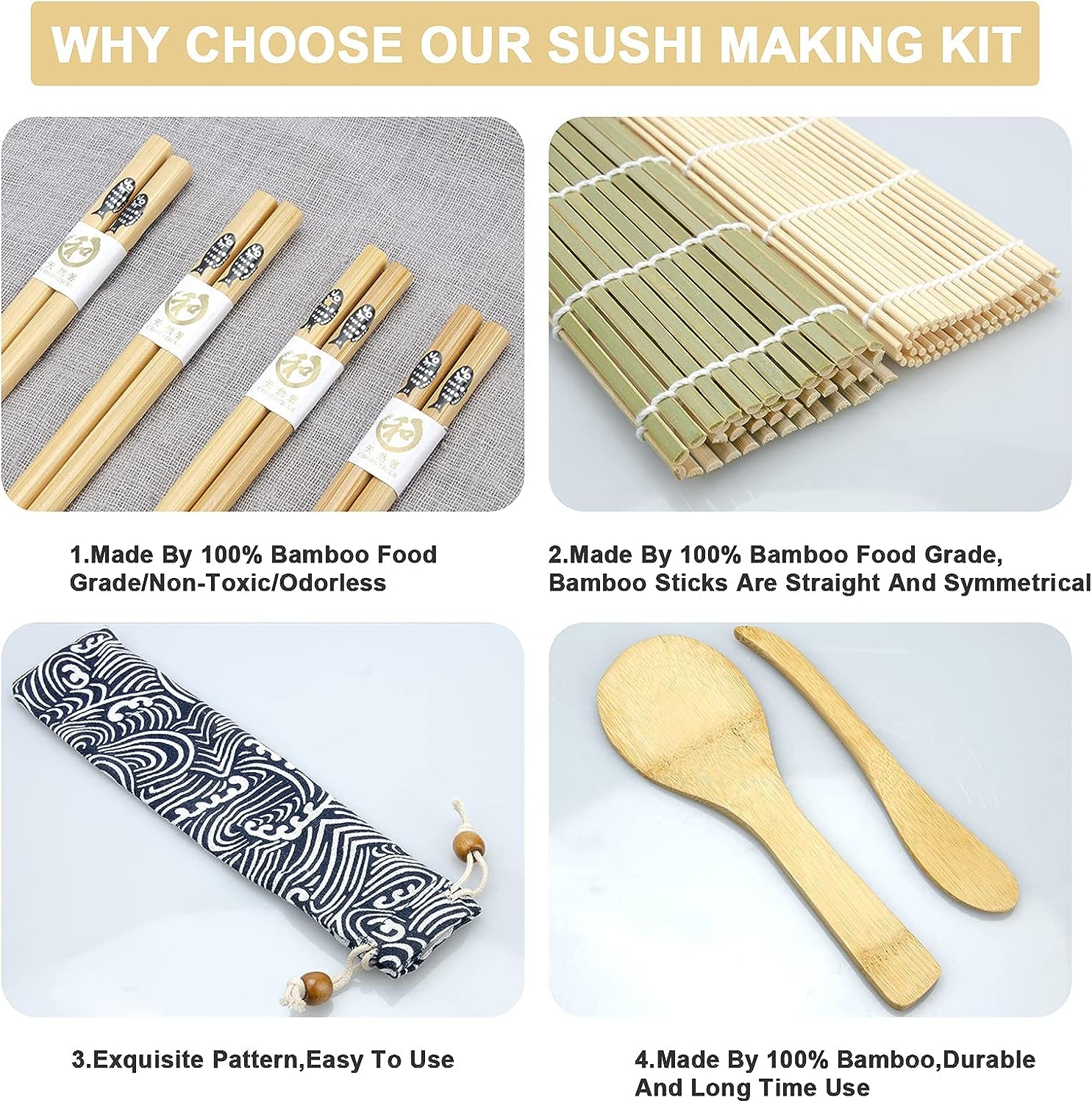 Complete Sushi Making Kit: Includes Bamboo Mat, Sushi Rolling Mat, Paddle, Spreader, Sushi Knife, Chopsticks Holder, Cotton Bag, and Avocado Slicer - Ideal for Beginners