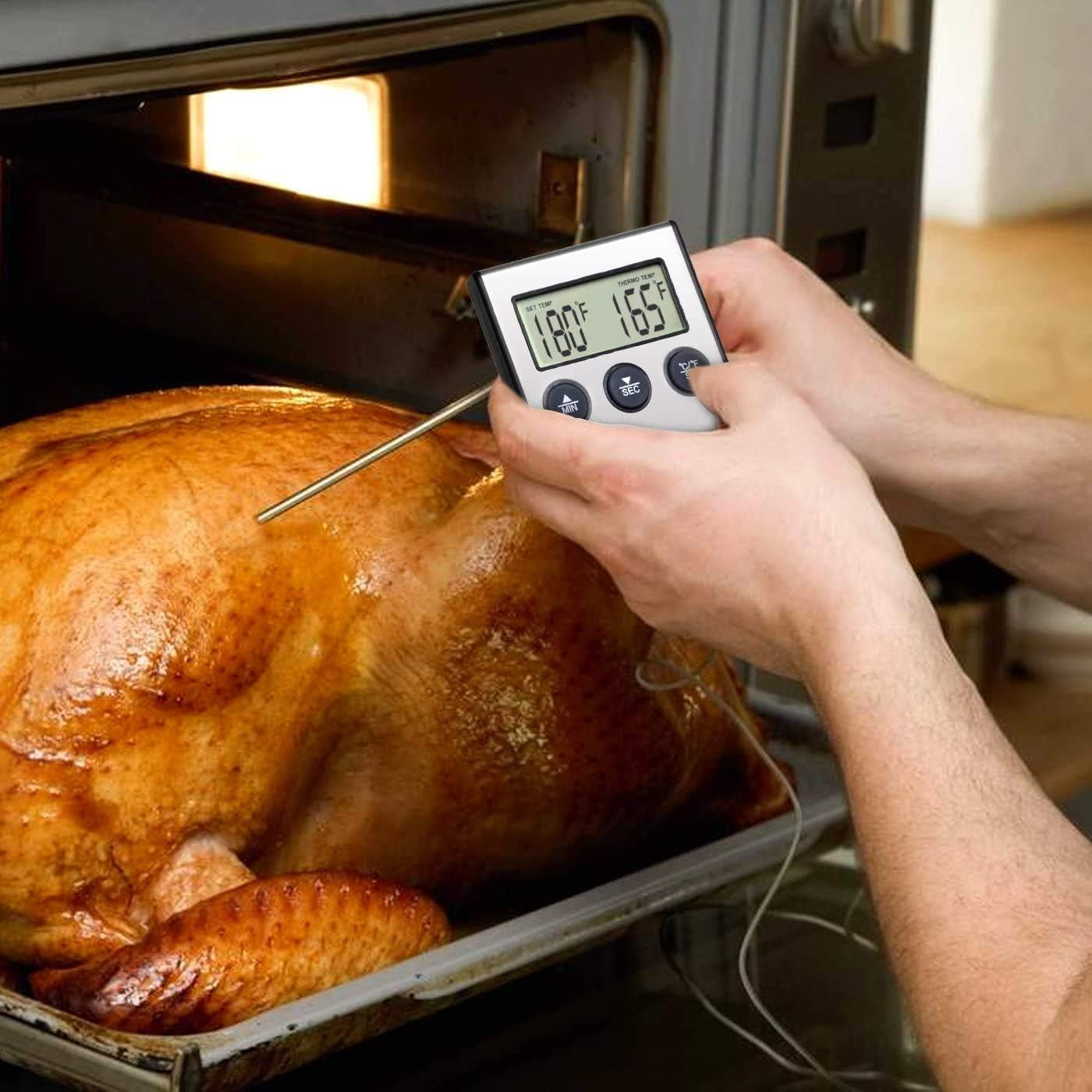 Stainless Steel Digital Cooking Thermometer with Probe and Timer - Large LCD Display - Instant Read Grill/Roasting Thermometer for Smoker, Outdoor Oven, Kitchen, BBQ, and Turkey - Silver Finish