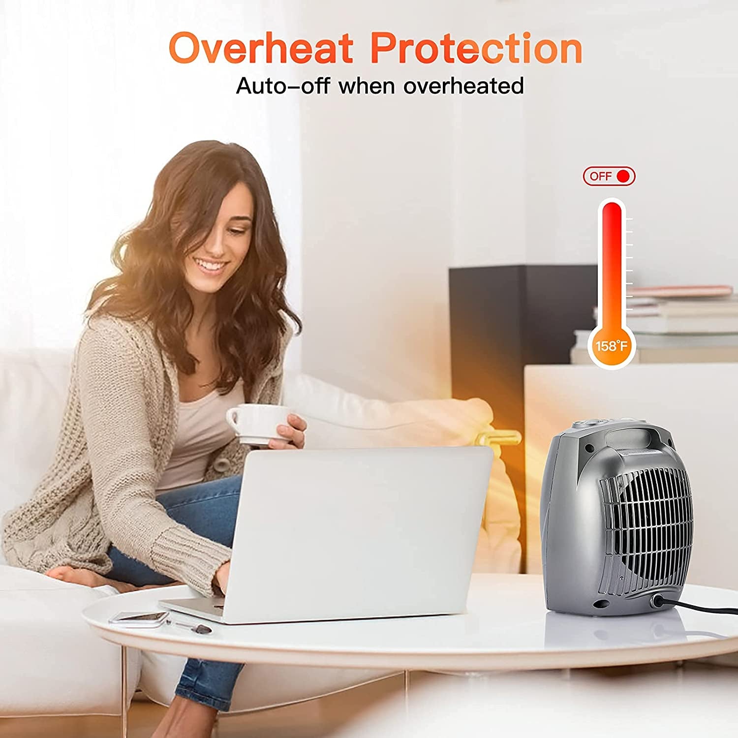Portable Electric Space Heater - A 1500W/750W Ceramic Heater with Thermostat that can quickly heat up a room of up to 200 sq. ft. It's designed to be safe and quiet, making it ideal for use in offices, homes, on desks, and indoors.
