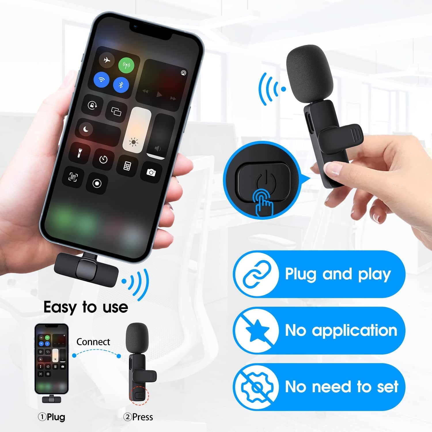 Professional Wireless Lavalier Microphone for iPhone and iPad - Plug-and-Play 2.4G Technology with Ultra-Low Delay and Built-In Noise Reduction Chip. Ideal for Video Recording, Interviews, Podcasting, Vlogging, and YouTube Content Creation.
