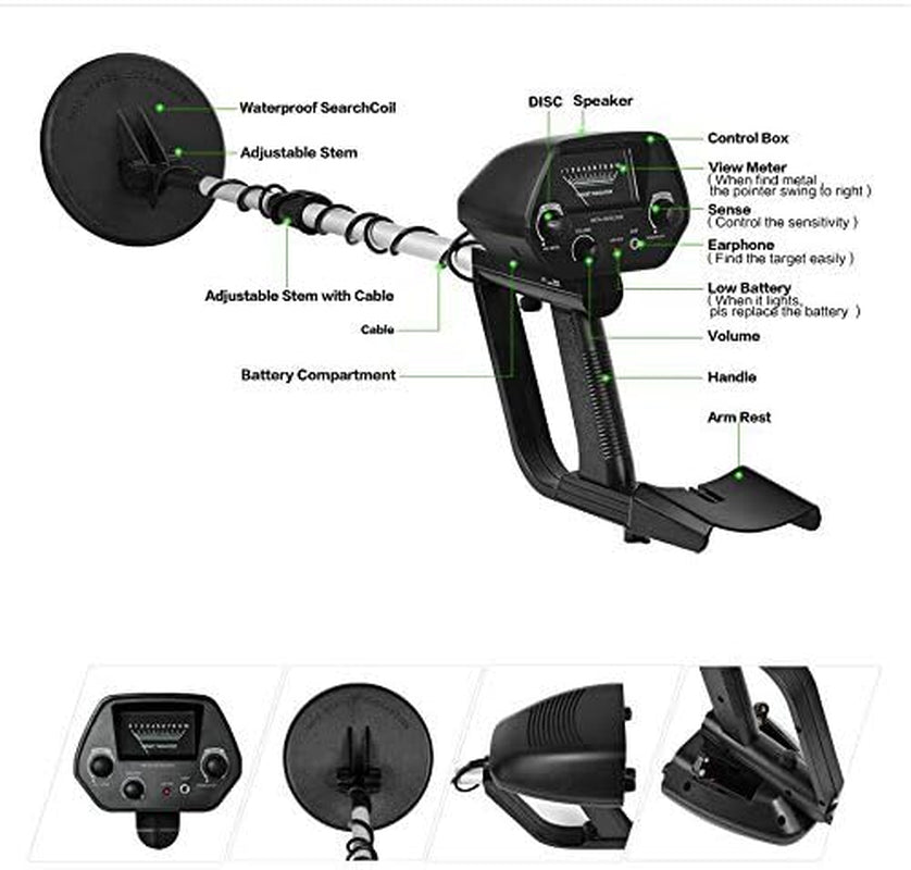 Metal Detector with Adjustable Settings, Lightweight Design, Waterproof Search Coil, Discrimination Control, and High Accuracy, Includes Camping Shovel