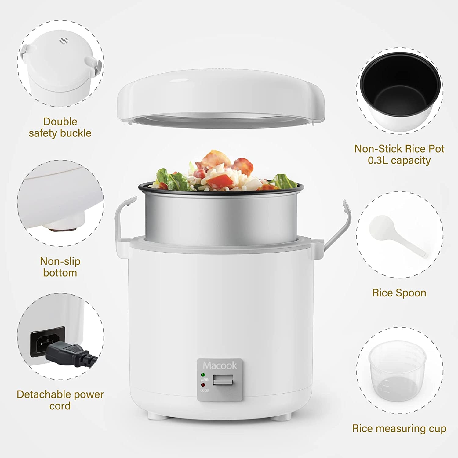 Small Rice Cooker: Cooks 1-1.5 Cups Uncooked (3 Cups Cooked) for 1-2 Persons. Includes Bento Box and Removable Nonstick Pot. Features One Touch and Keep Warm Function. Portable and Suitable for Soup, Grains, Oatmeal, and Veggies. Color: Gray.