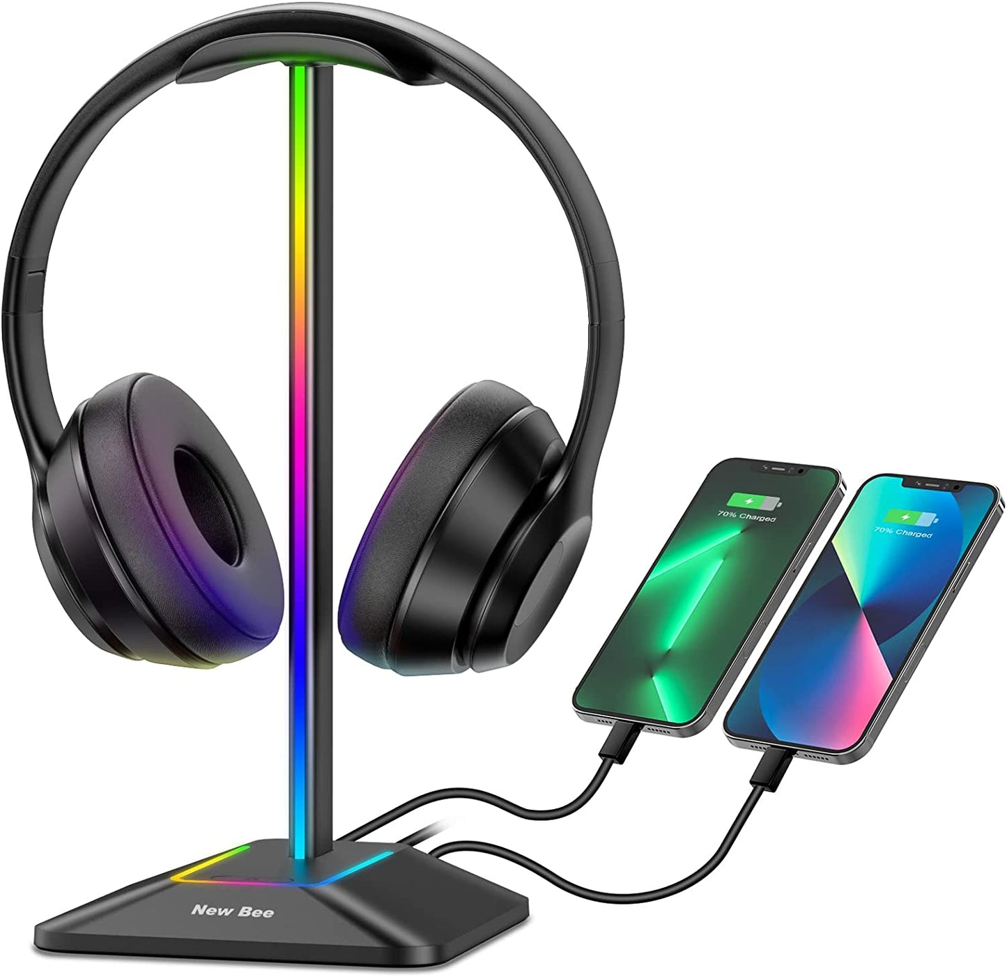 RGB Headphone Stand with 1 USB Charging Port & 1 USB-C Charging Port: Gaming Headset Stand with 7 Light Modes for PC Desktop Table - Earphone Accessories Holder