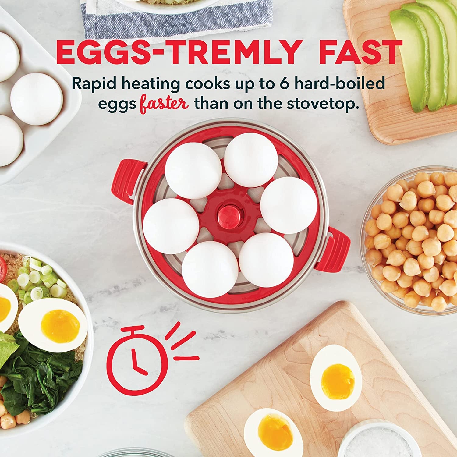 Electric Egg Cooker: Rapid 6 Egg Capacity Cooker for Hard Boiled Eggs, Poached Eggs, Scrambled Eggs, or Omelets with Auto Shut Off Feature - Red Color.