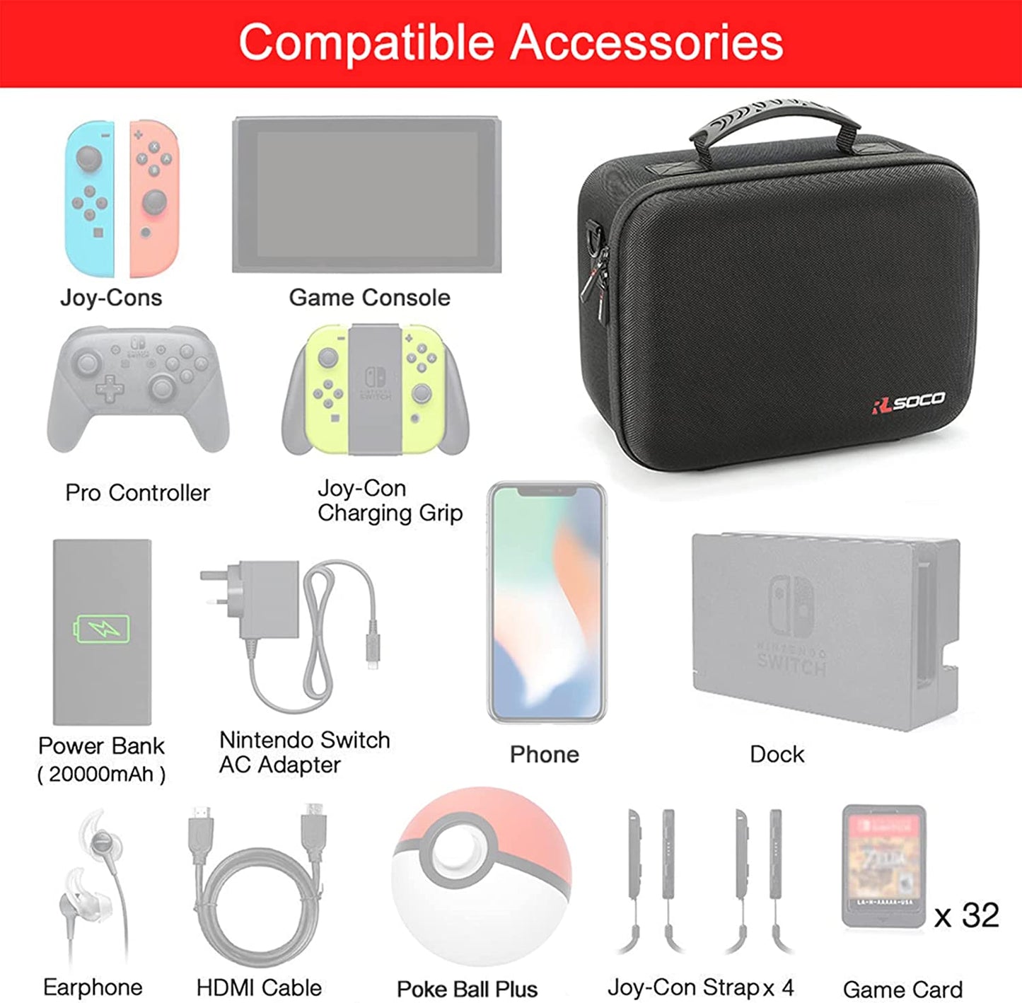Carrying Case for Nintendo Switch and Accessories - Compatible with Additional Nintendo Switch Pro Controller and Poke Ball Plus