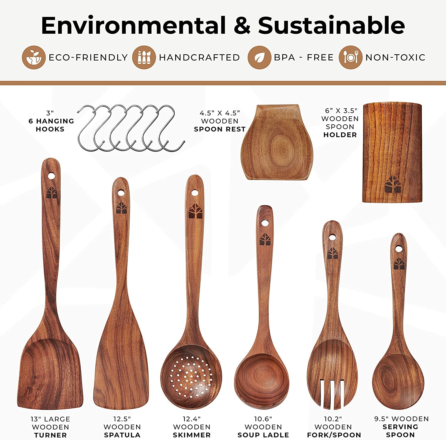 Teak Wood Cooking Utensils Set - Complete Kitchen Utensils Collection with Holder and Spoon Rest, Includes Wooden Spoons and Spatula for Healthy and Nonstick Cooking, Robust 13-Piece Set for Natural Kitchen Cookware