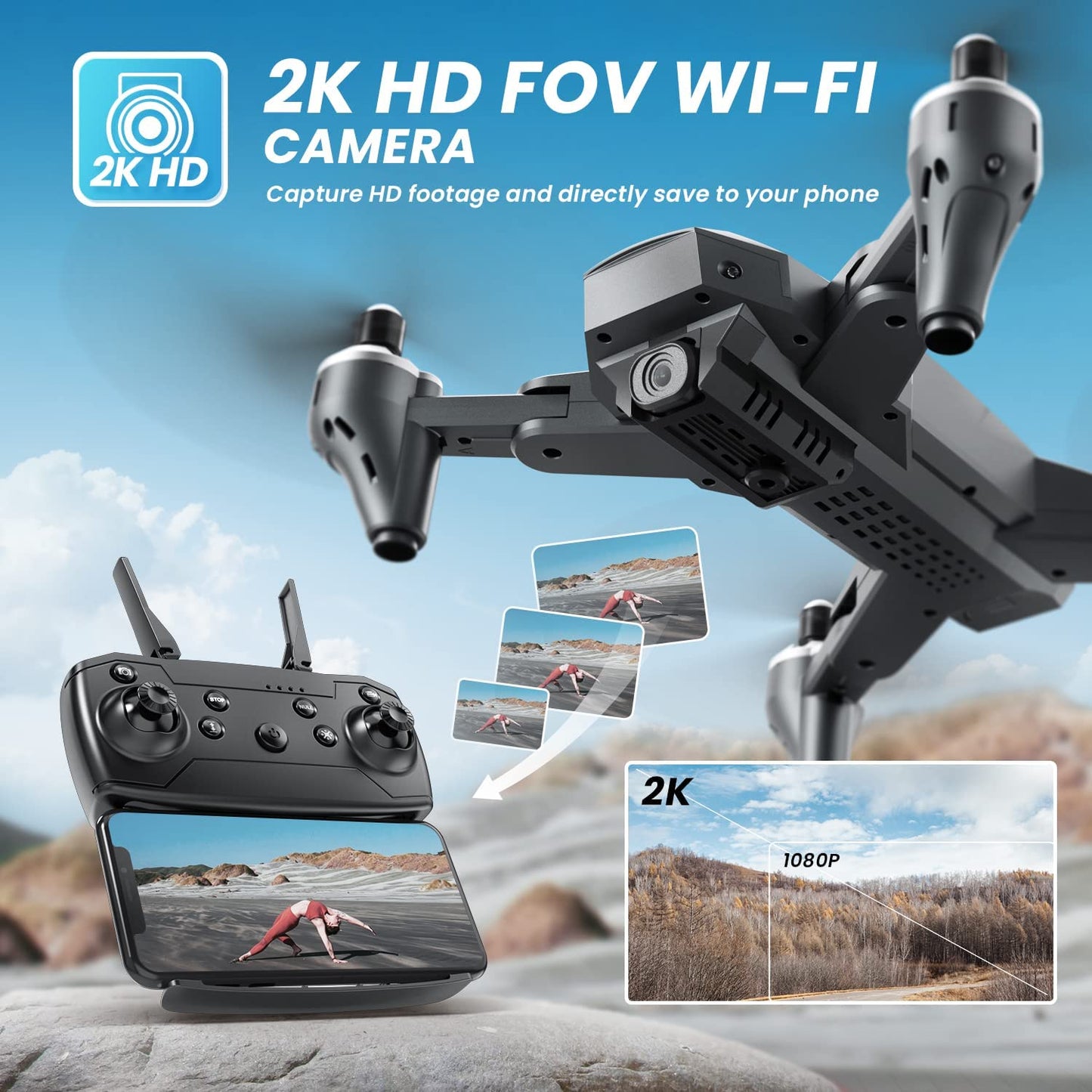 Drone with 2K HD Camera - Designed for Adults and Kids, Equipped with FPV Live Video, Gravity Control, Altitude Hold, One Key Start, Headless Mode, 3 Speeds, and Waypoints Functions; Comes with Carrying Case