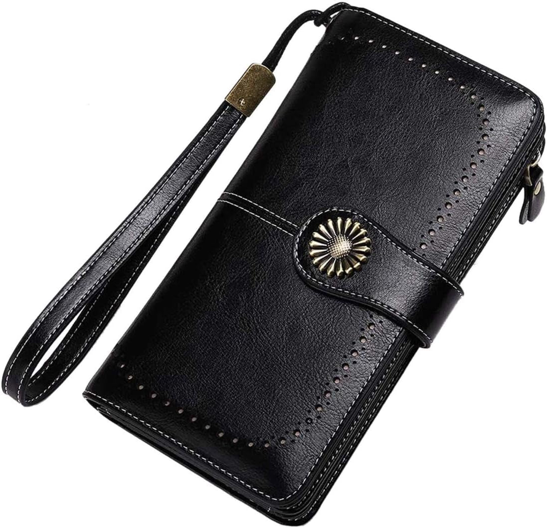 Genuine Leather Women's RFID Blocking Wallet Black - Clutch Style with Card Holder Organizer and Purse Functionality, Available in Black; Measures 7.6 x 1.37 x 4.1 inches, Offers Zipper Closure, Snap Closure, and Trifold Closure for Enhanced Security.