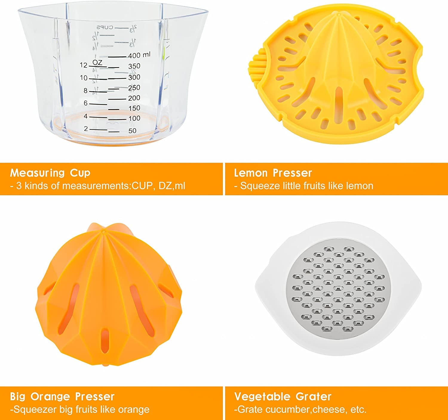 Manual 5-in-1 Lemon Squeezer Citrus Juicer - Hand Juicer for Citrus Fruits like Lemon, Orange, and Lime - Features a Built-in Measuring Cup, Grater, and Strainer, with Included Juicer Cup