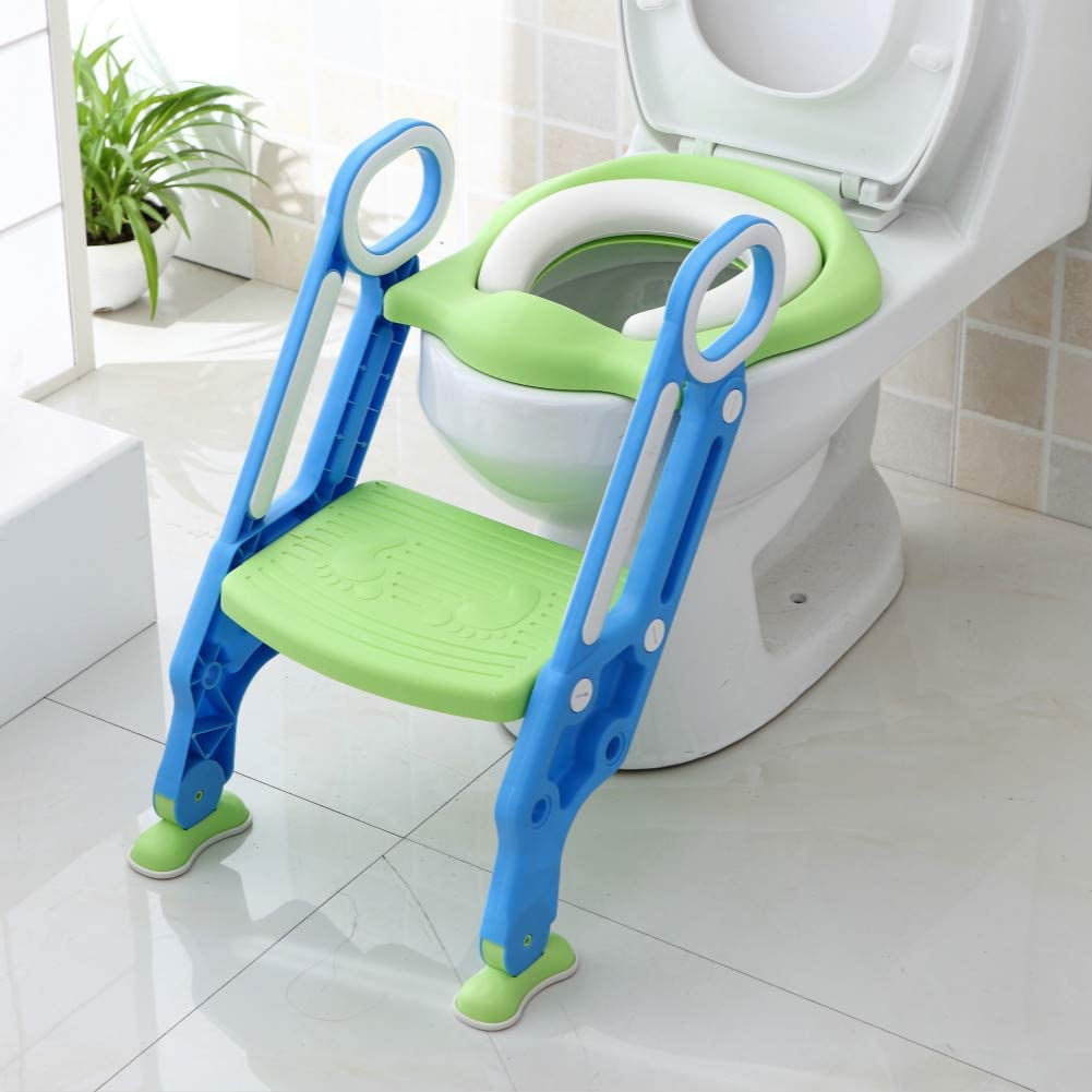 Kids Potty Training Seat with Step Stool - Soft Cushion, Sturdy Steps - Blue Green - Boys and Girls.