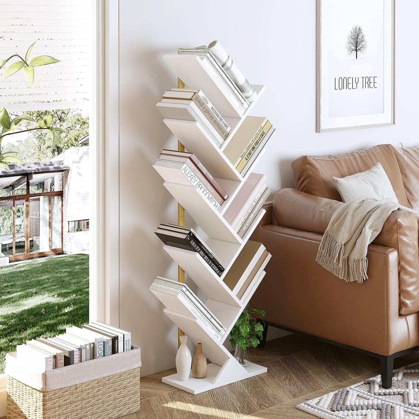 Geometric Tree Bookshelf with Steel Pipe - A Stylish Floor Standing Bookcase for Living Room, Bedroom, Home Office. Available in Gold and White.
