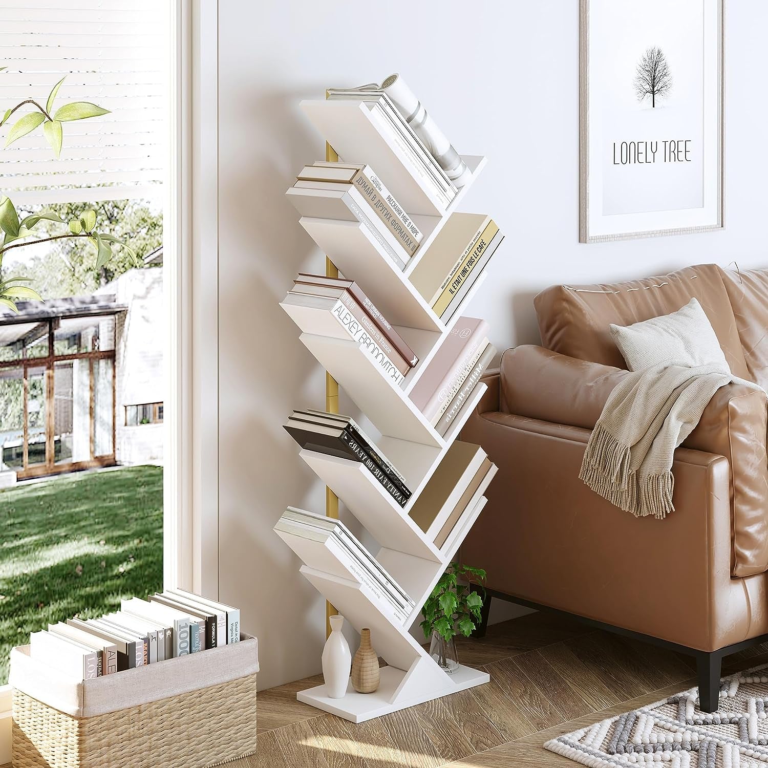 Geometric Tree Bookshelf with Steel Pipe - A Stylish Floor Standing Bookcase for Living Room, Bedroom, Home Office. Available in Gold and White.